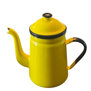 May include: A bright yellow enamelware coffee pot with a black handle and rim. The pot has a curved spout and a lid with a small black knob. The design is simple and classic, suitable for kitchen decor.