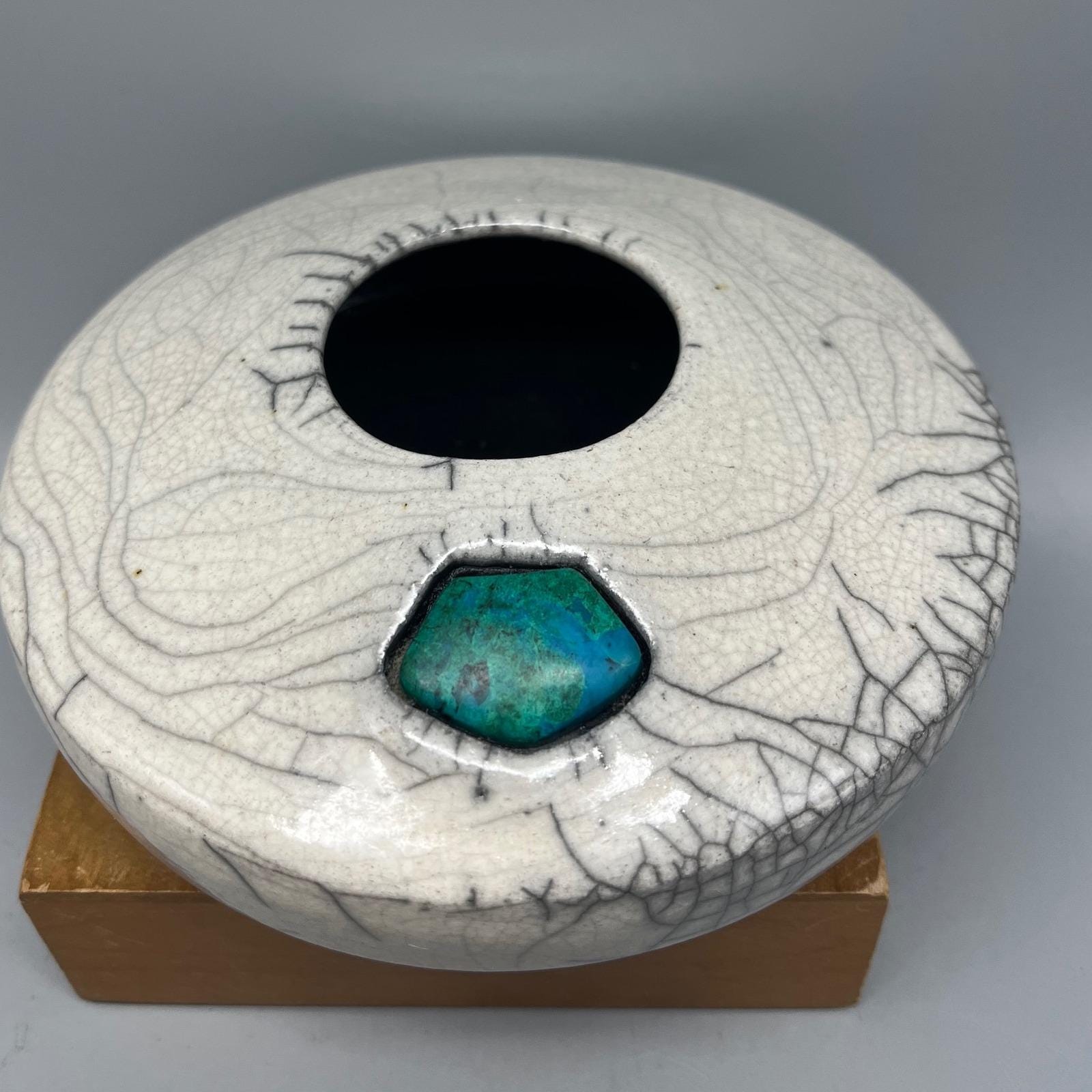 Vtg Raku Pottery Handcrafted Crackle Glaze W/turquoise Lynn