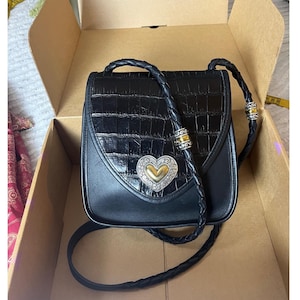 Vtg Brighton Braided Heart Saddle Bag croc embossed Box and Dustbag 1990s image 1
