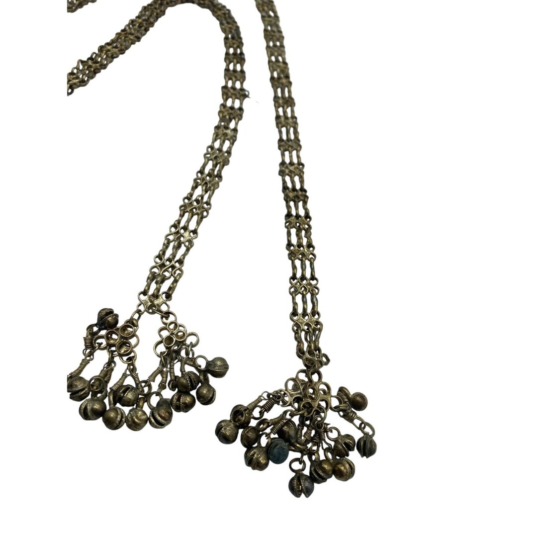 Vintage Brass Bell Tassel Chain Belt Triple Strand Boho 