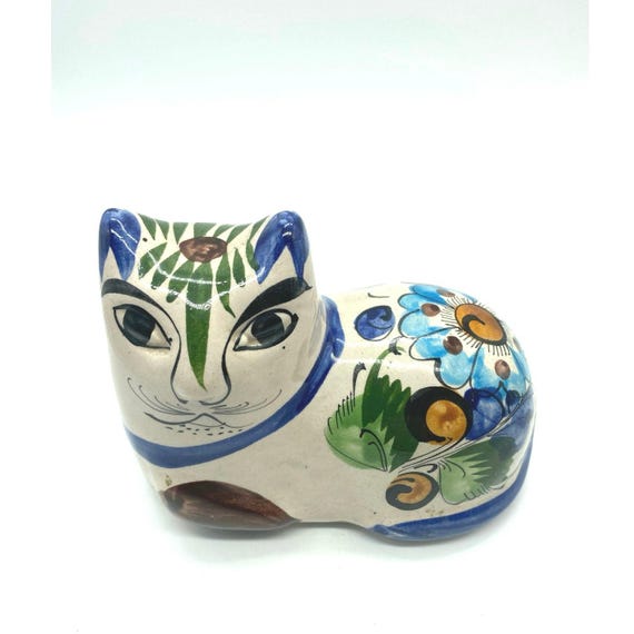 ヴィンテージ トナラ メキシコ フォークアート 陶器 猫の置物 サイン 