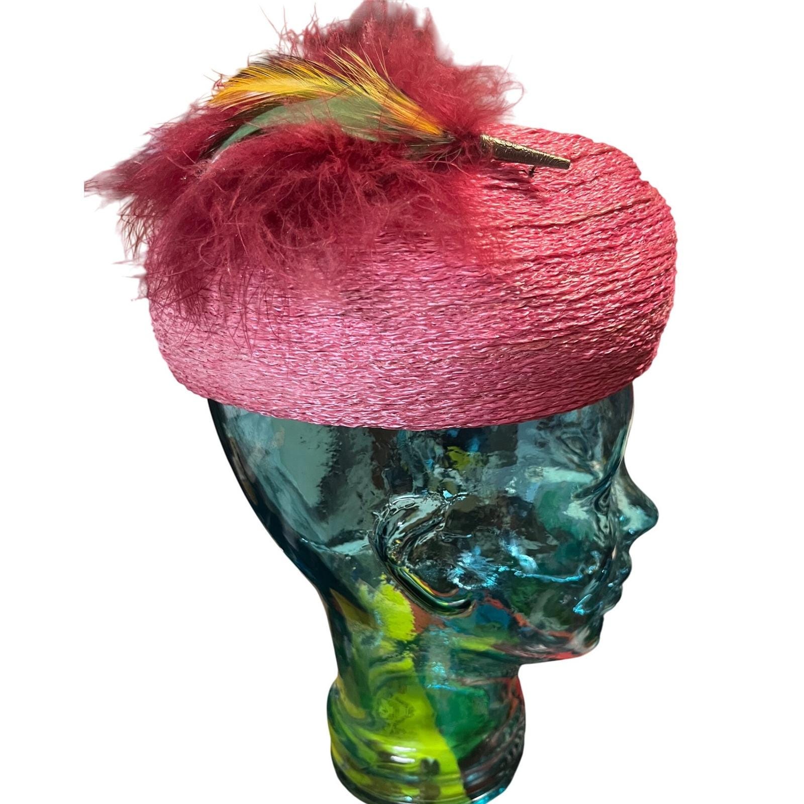 Vtg Pink Pillbox Hat W/feathers Woven Straw Mr Wilton  display picture 1