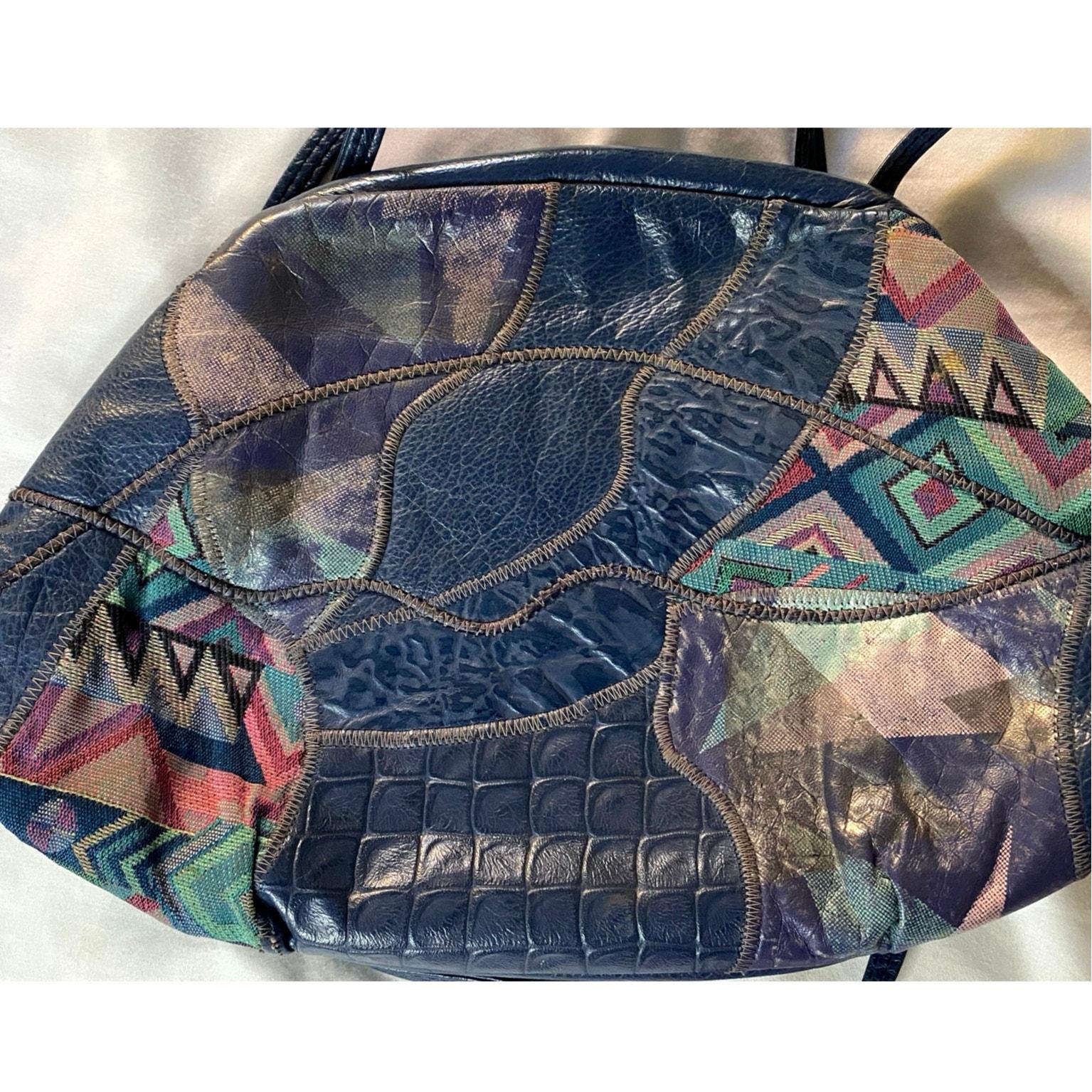 Vtg Saks Fifth Avenue Multicolor Patchwork Velvet & Metallic Drawstring Bag Vintage Patchwork Blue Saks Fifth Handbag 80s USA Shoulder  main image 4