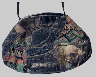 Vintage Patchwork Blue Saks Fifth Handbag 80s USA Shoulder bag Leather