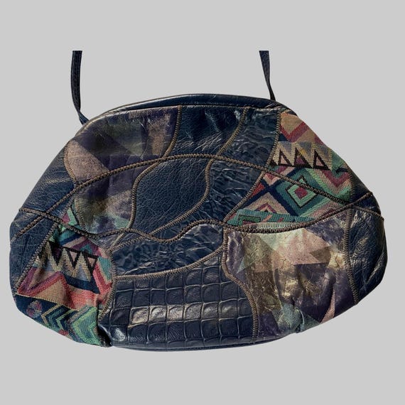 Vintage Patchwork Blue Saks Fifth Handbag 80s USA Shoulder