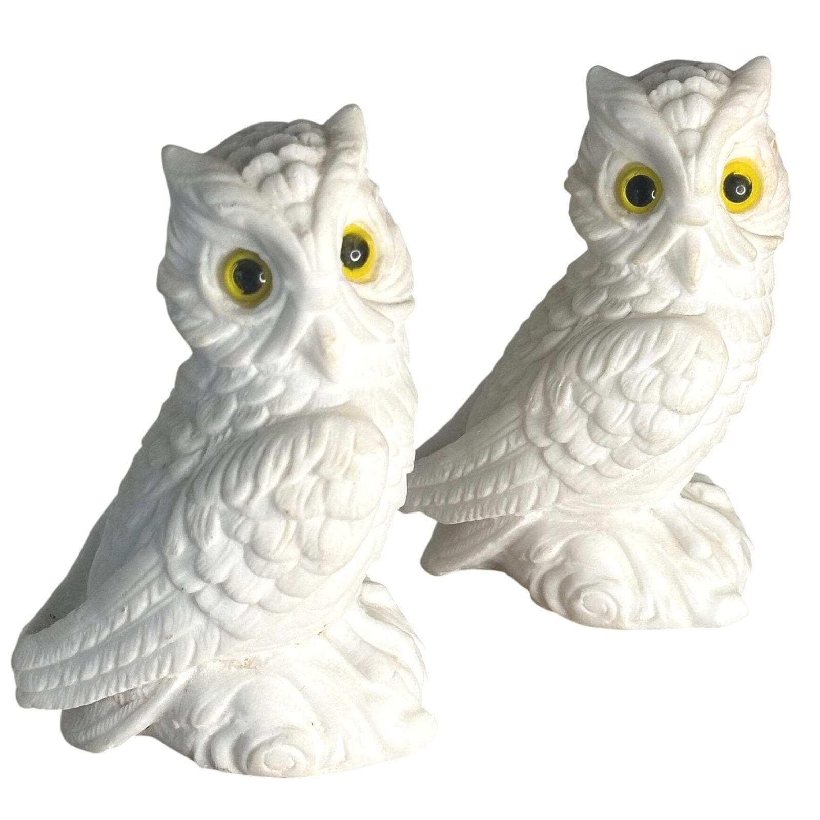 Vintage Italian White Alabaster Owl Figurines Pair Mid Century Glass Eyes Italy