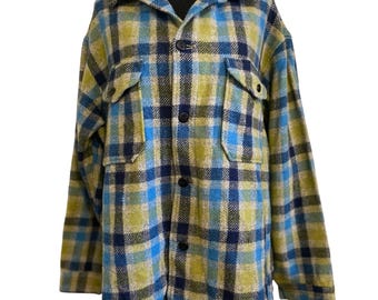 Camisa/jaqueta xadrez pesada de lã virgem Vtg Pendleton azul verde xadrez XL década de 1960