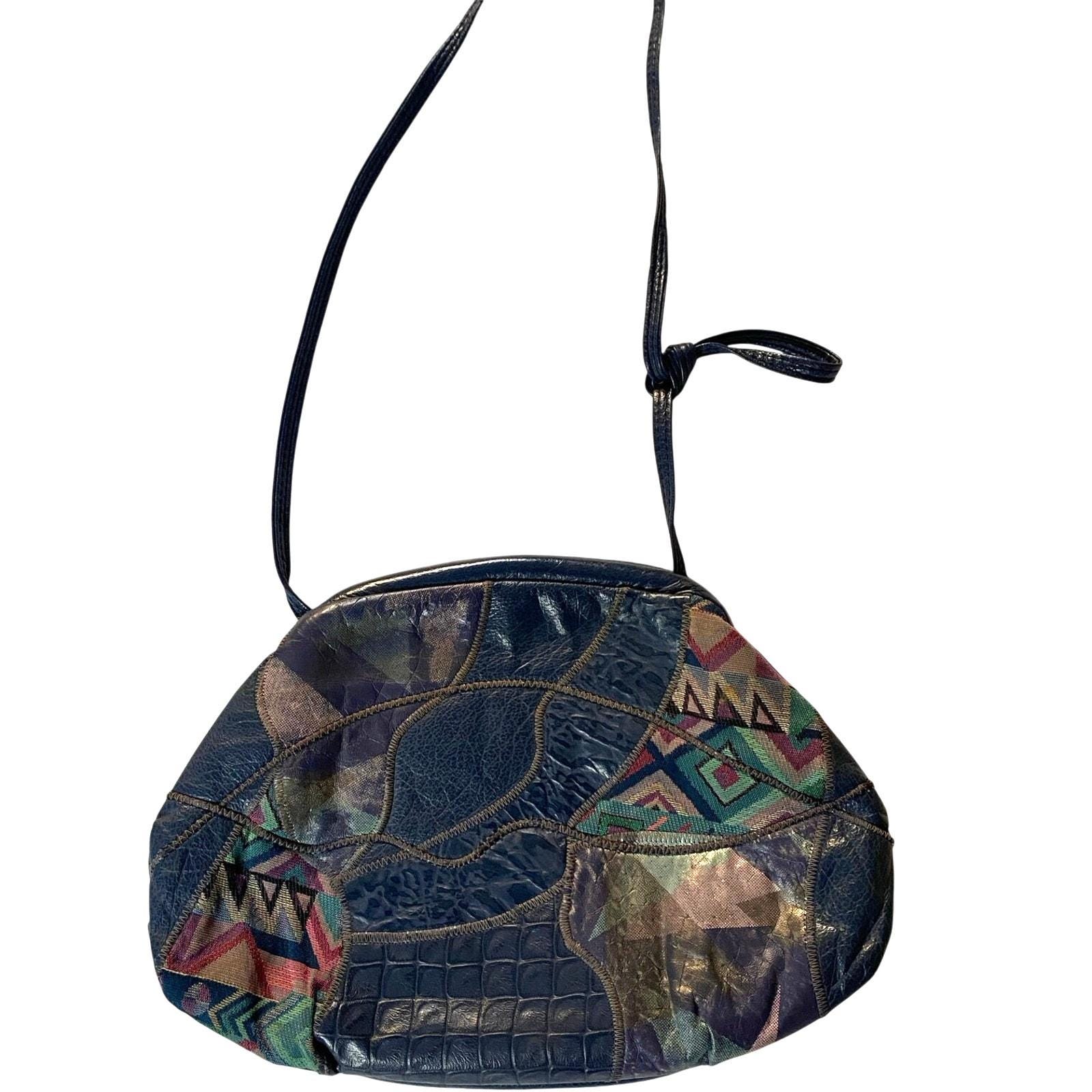 Vintage Patchwork Blue Saks Fifth Handbag 80s USA Shoulder 