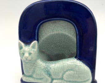 Vintage Takahashi Japan porseleinen kattenfotolijst kobaltblauw celadon crackle