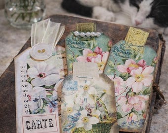 Vintage Style Flower Tags, Junk Journal, Ephemera, Gift Tags, Junk Journal Supplies, Scrapbook, Handcrafted, Bookmarks, unique