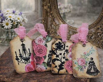 Vintage Floral Journal Tags – Set of 4 | Shabby Chic Ephemera | Junk Journal Embellishments | Pink Lace Tags
