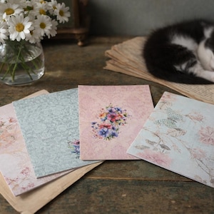 Portatarjetas floral primaveral de 15x15 cm con 4 tarjetas de felicitación y sobres: juego de papelería vintage hecho a mano