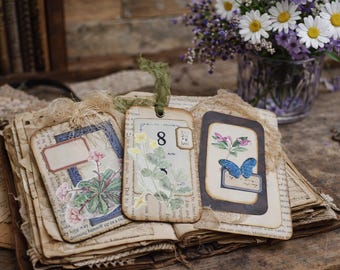 Flower and book page journal cards, junk journal, bookmarks, ephemera, vintage inspired, junk journal tags, junk journal cards, handmade