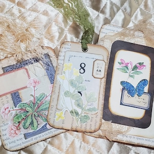 Flower and book page journal cards, junk journal, bookmarks, ephemera, vintage inspired, junk journal tags, junk journal cards, handmade