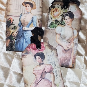 Mulheres vitorianas shabby chic tags vintage cottage core flores marcador mulheres bonitas elegante café tingido lixo diário livro tesouro