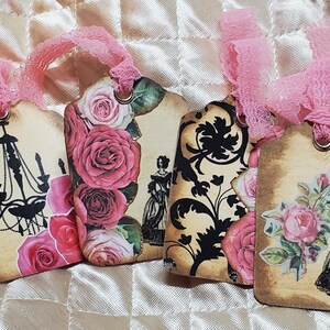 vintage tags met roze kant shabby chic bloemen mooie dames schrijven junk dagboek bladwijzer renaissancestijl handgemaakt cadeau vrouwen