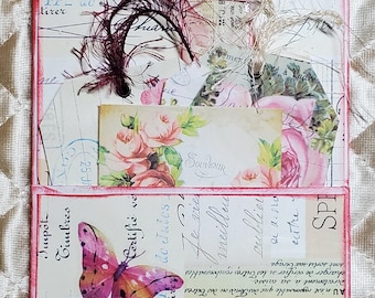 Pink stuffed envelope ephemera small junk journal tags journal cards altered writers bookmark handmade gift unique shabby chic cottage core