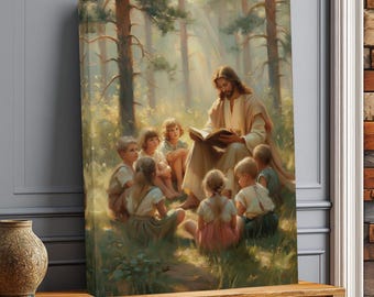 Cuadro de Jesús leyendo a los niños, arte bíblico del bosque, decoración infantil con temática religiosa.
