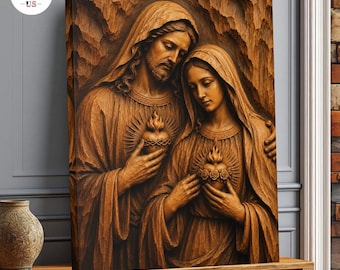 Cuadro de los Sagrados Corazones de Jesús y María, obra de arte religiosa católica, decoración cristiana para el hogar.