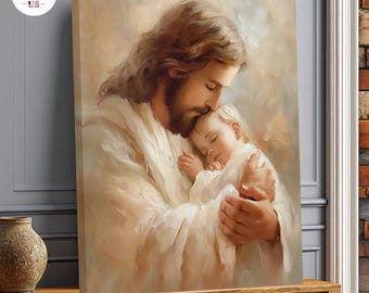 Cuadro de Jesús con el Niño Jesús, decoración infantil con temática religiosa, obra de arte religiosa.