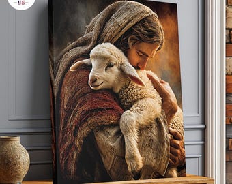 Cuadro de Jesús sosteniendo un cordero, obra de arte cristiana del Buen Pastor, decoración religiosa para el hogar.
