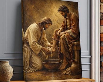 Cuadro de Jesús lavando los pies, obra de arte bíblica del humilde Salvador, pintura religiosa para la decoración del hogar.