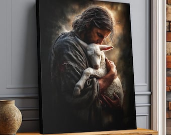 Lienzo con la imagen del Buen Pastor Jesús Cordero, Arte mural religioso de fe cristiana