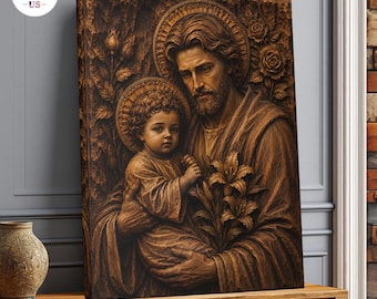 Cuadro de San José con el Niño Jesús / Decoración católica cristiana para pared / Regalo para el hogar