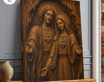 Lienzo con la imagen de los Sagrados Corazones de Jesús y María, arte mural católico, decoración del hogar estilo tallado en madera.