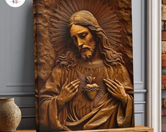 Lienzo con la imagen del Sagrado Corazón de Jesús, arte cristiano estilo tallado en madera 3D, decoración religiosa rústica.