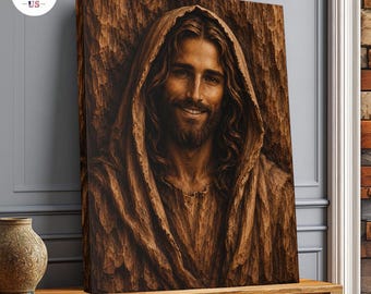 Cuadro de Jesús en lienzo, estilo rústico de tallado en madera.