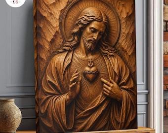Lienzo con la imagen del Sagrado Corazón de Jesús, obra de arte religiosa católica en madera, decoración cristiana para pared.