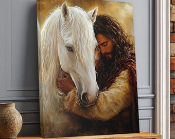 Cuadro de Jesús y el caballo blanco – Decoración de pared con temática cristiana – Pintura religiosa que inspira espiritualidad