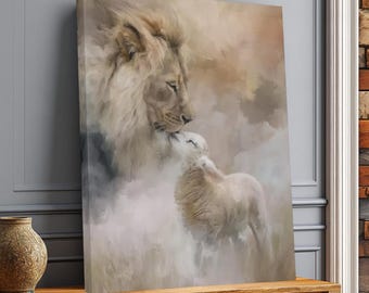 Cuadro decorativo de león y cordero sobre lienzo: pintura que transmite un mensaje de paz y fe cristiana para la pared.