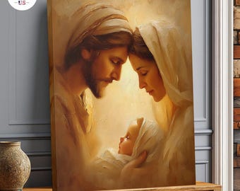 Lienzo impreso de la Sagrada Familia, obra de arte religiosa cristiana, decoración católica para el hogar, pintura de la Sagrada Familia.