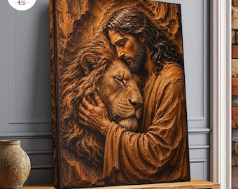 Cuadro mural de Jesús y el león, impresión en lienzo con relieve cristiano, decoración inspirada en la fe.