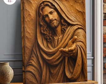 Retrato de Jesucristo impreso en lienzo, arte religioso estilo tallado en madera.