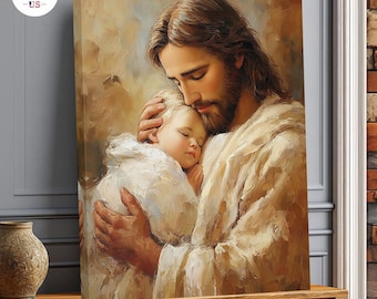 Jesus Holding Sleeping Child Canvas Wall Art, Christian Nursery Decor, Savior Embrace Painting