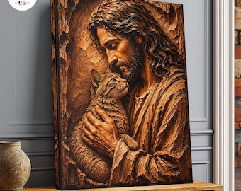 Cuadro de Jesús sosteniendo un gato, arte mural cristiano de estilo tallado en madera.