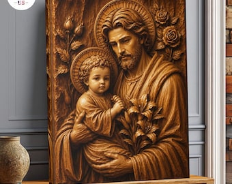Lienzo con grabado en madera de San José y el Niño Jesús, obra de arte religiosa católica para la decoración del hogar.