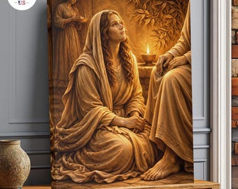 Cuadro de María Magdalena y Jesús, obra de arte bíblica sobre la fe femenina, decoración religiosa para el hogar.
