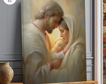 Lienzo impreso de la Sagrada Familia, Jesús, María y el Niño Jesús. Obra de arte cristiana.