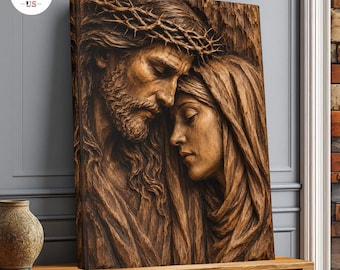 Lienzo impreso de Jesús y la Virgen María, obra de arte religiosa sobre el amor sagrado y la fe.