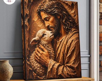 Lienzo con la imagen de Jesús sosteniendo un cordero, obra de arte cristiana estilo madera tallada, decoración religiosa.