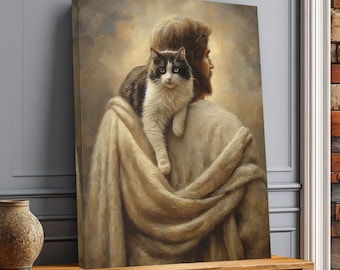 Cuadro de Jesús sosteniendo un gato, arte mural cristiano de gatitos, decoración de pintura religiosa