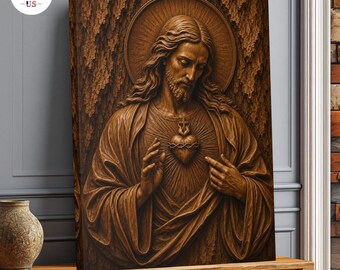 Lienzo impreso en relieve de madera del Sagrado Corazón de Jesús, arte mural católico, decoración de fe cristiana
