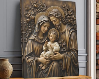 Cuadro de la Sagrada Familia en lienzo, obra de arte religiosa cristiana, decoración en tonos madera.