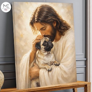 May include: A canvas print featuring a painting of a man with long brown hair and a beard wearing a cream-colored robe, gently holding and petting a fawn-colored pug dog. The background is a soft, warm, and glowing light-toned wash.