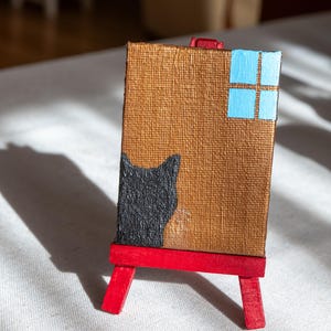 Mini tableau fenêtre Chat noir sur toile 6 x 8 cm – Acrylique, décoration de petit chevalet, cadeau pour les amoureux des chats