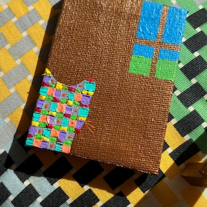 Mini peinture sur toile avec fenêtre chat arc-en-ciel pixélisé 6 x 8 cm – Art acrylique, décoration de petit chevalet, cadeau pour les amoureux des chats